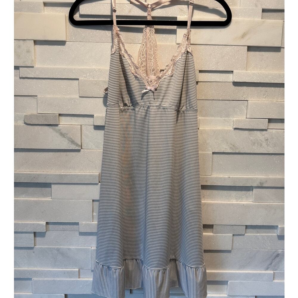 LAURA ASHLEY Ruffled V-neck Lace T-back Short Slip Dress Nightie L Green White